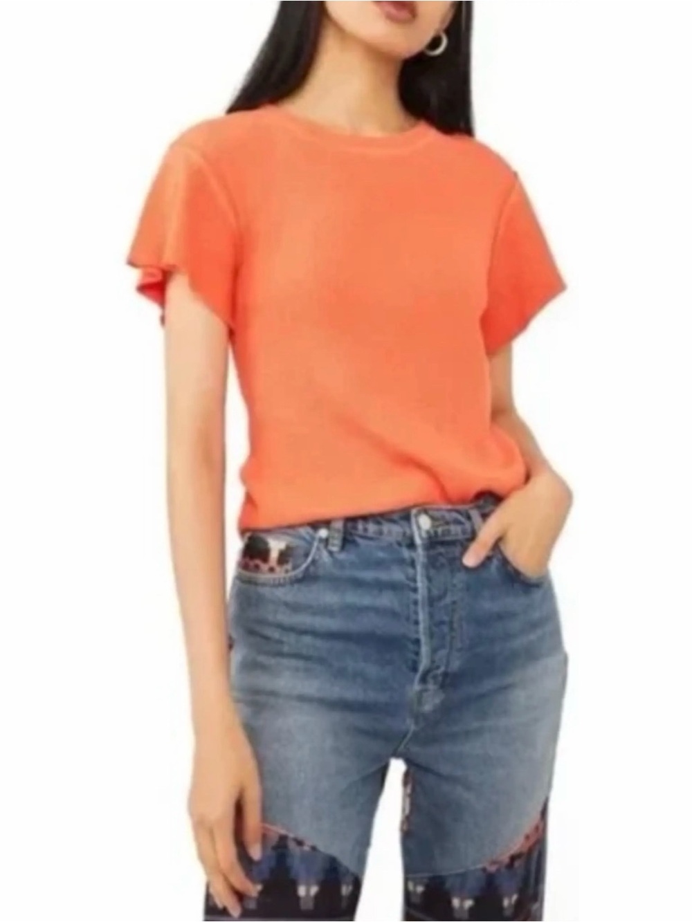 Free People We the Free What’s Up Baby Orange Waffle Knit Tee Small